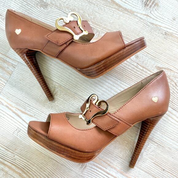 Love Moschino Shoes - Love Moschino Leather Peep Toe Stacked‎ Heel Mary Jane Pumps | Brown 39
